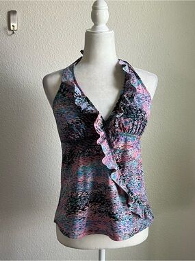 ASSETS by Sara Blakely Spanx Pink & Blue Ruffle Halter Swim Tankini Bathing Suit